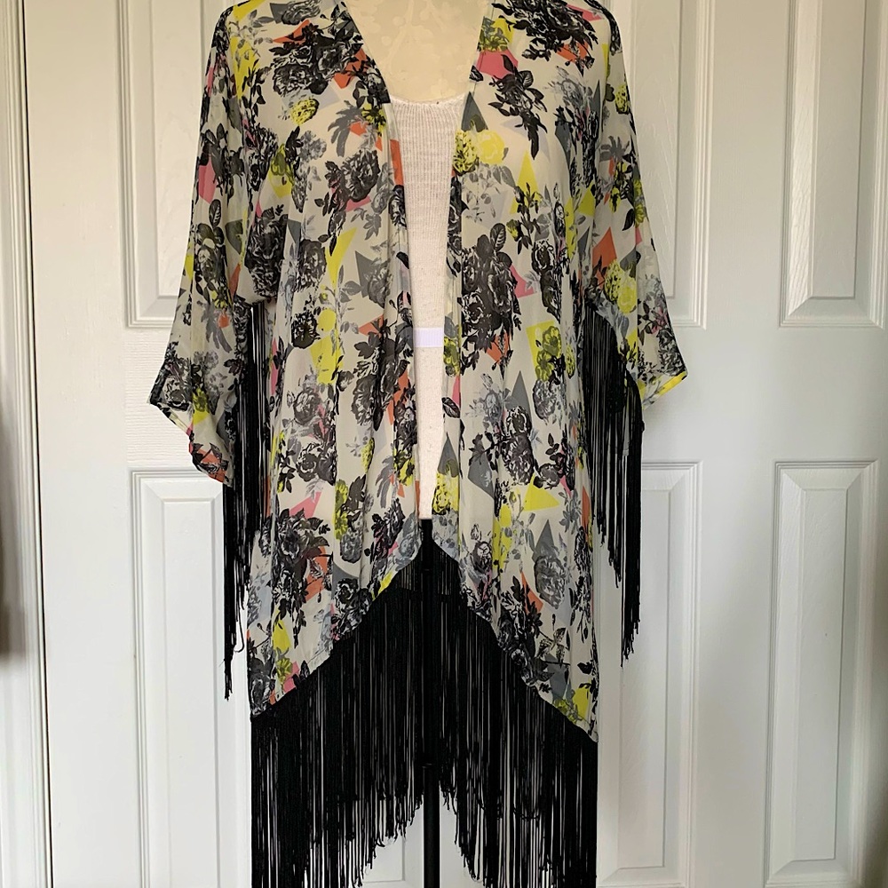 Design Lab Floral Kimono with Fringe